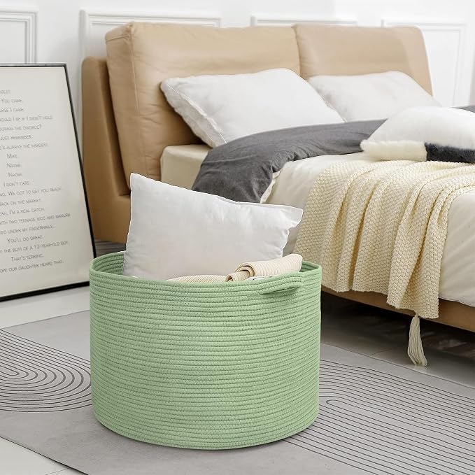 Extra Large Green Basket, 22" X 22" X 14" Woven Cotton Rope Baskets for Blankets, Nursery Laundry Basket, Cute Kids Toy Storage Bin, Green Living Room Bedroom Decor Baskets for Organizing
