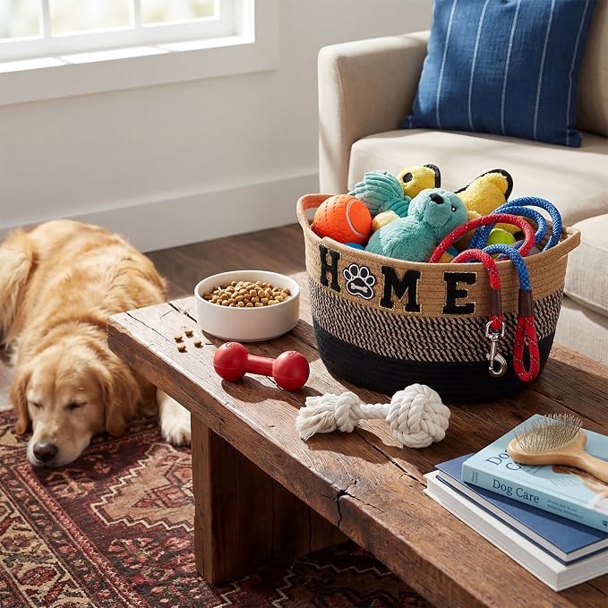 Dog Toy Storage Basket - Large Woven Rope Organizer Bin with Home Paw Patch, 13'' x 8.7'' Decorative Pet Bin Box for Living Room, Cotton Rope Basket for Dog Toys Blankets Accessories