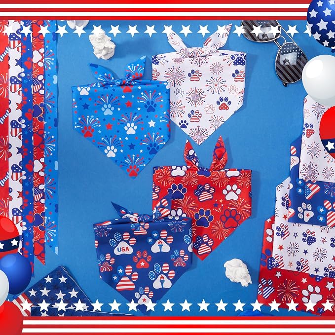 50 Pcs 4th of July Dog Bandanas Bulk Patriotic Paw Prints Pattern | Triangle Kerchief Bibs Scarf Set for Pets Patriotic Party Costume Photo Props Accessories, 25 Styles, 19.7 x 13.8 x 13.8 Inch