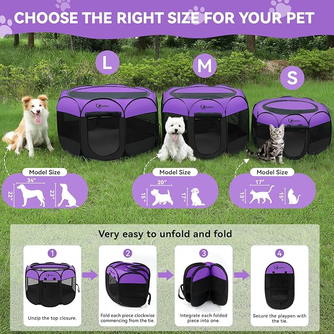 Siedihit Dog Playpen, Puppy Pet Playpen, Dog Crate Tent Cage Indoor | Outdoor, Portable Pop Up Dogs Kennel Playpen with Carrying Case for Dogs/Cats/Rabbits, Purple, Medium
