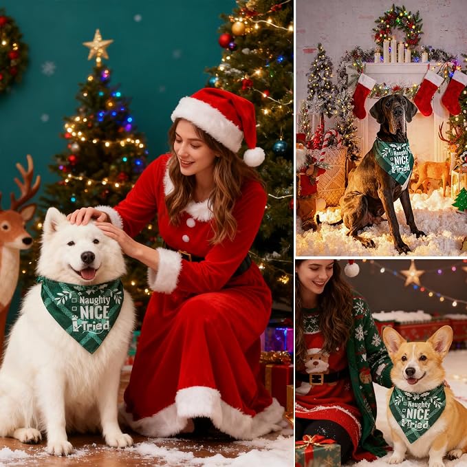 Christmas Dog Bandanas Pets Funny Holiday Costume Gift Xmas Stocking Stuffers - Naughty Nice I Tried, Green Plaid, Extra Large Breed, 75lbs+