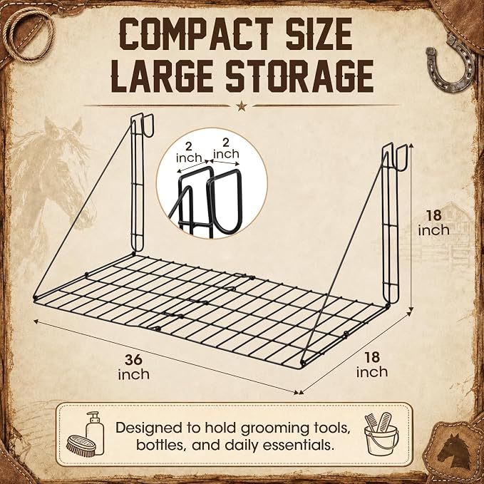 Gisafai 36'' x 18'' Portable Hanging Shelf for Horse Show, Foldable Metal Mesh Tack Shelf, for Horse Trailer, Tack Room, Barn, Stall Organizer Rack Holds Equestrian Items, Folds for Easy Transport