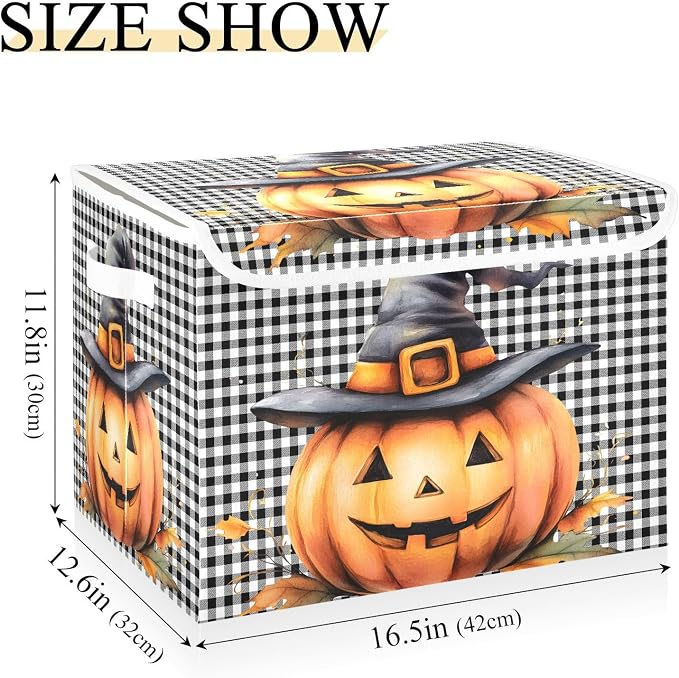 Halloween Pumpkin Fabric Storage Bins with Lid Closet Storage Basket 40L | Decorative Storage Boxes, Foldable & Stackable, Dust-Proof Flip Top, Reinforced Handles, For Home & Dorm, Clothes & Toy Box