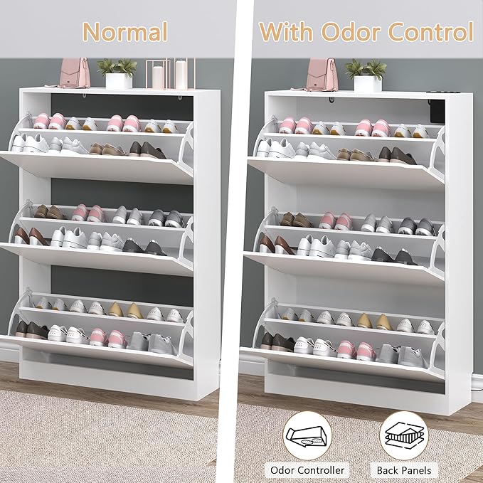 BORNOON Shoe Cabinet with Odor Control and Back Panels, Deodorizing Slim 3-Flip Shoe Storage Cabinet for Entryway, Freestanding Hidden Shoe Rack Organizer for Entrance, Hallway, Bedroom