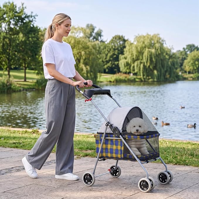 BestPet Foldable Pet Stroller for Small/Medium Dogs and Cats Up to 33 lbs | 4-Wheel Stroller Pet Strolling Cart w/ Breathable Mesh, Lockable Rear Wheels, Cup Holder/Tray & Storage Box, Yellow Plaid