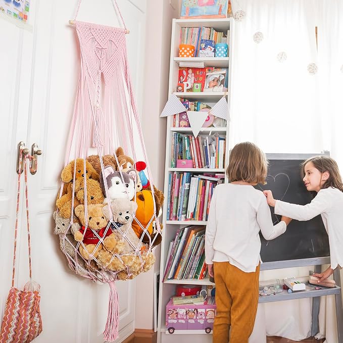 Amdermi Stuffed Animal Net or Hammock Corner or Wall Hanging Net for Plush Toy Storage Boho Macrame Toy Display Nursery Bedroom Decor Stuffy Animal Toy Organizer (Pink)
