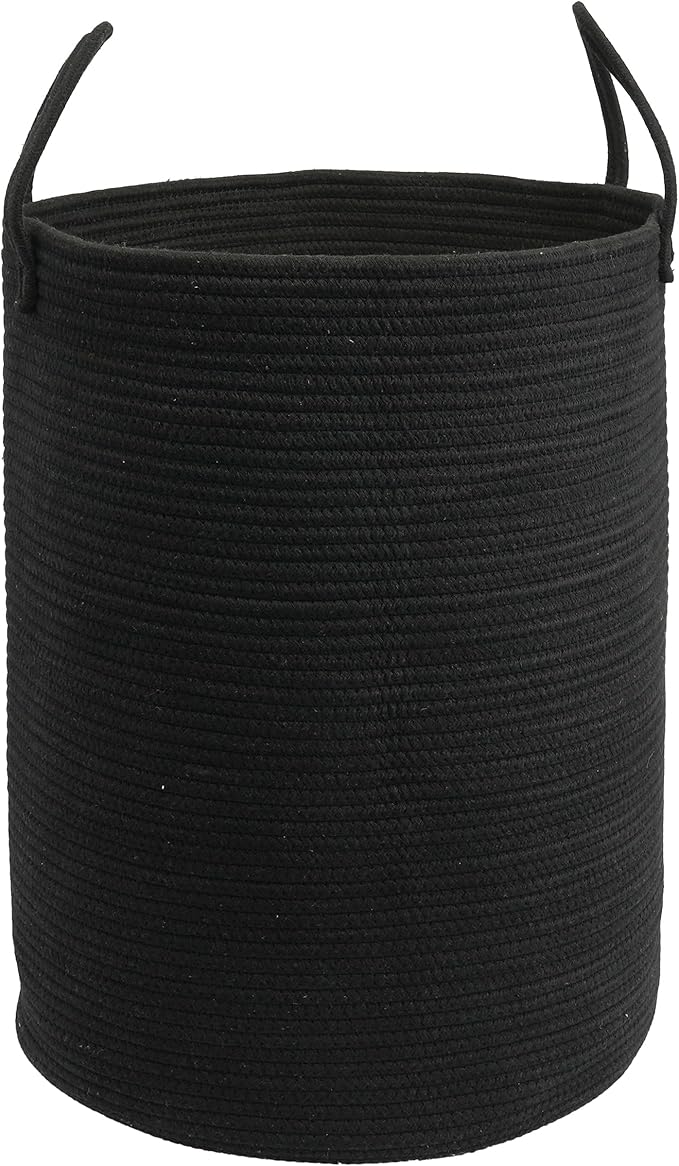 Woven Cotton Rope Laundry Basket Hamper 16" x 22" Large Black | Rope storage basket for dirty clothes, toys and blankets. Perfect for bathroom, baby nursery and living room storage.