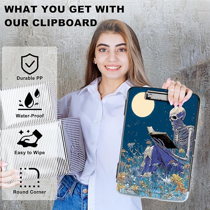 A4 Clipboard with Storage Pen Holder, Clipboards Organizer Nursing Clipboard Foldable File Folder Plastic Clipboard Folio Clip Board for Office Work Classroom Doctor, Book Skull Flower
