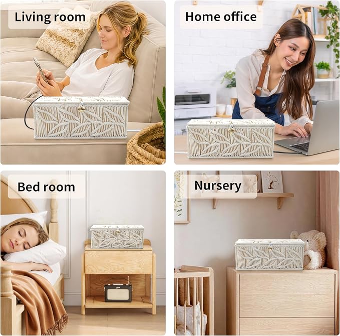Cotton Rope Cable Management Box: 13" Handwoven Cord Organizer | Breathable Design, Natural Boho Design, Pet & Baby Safe, Cable Cover & Hider, Power Strip Storage, TV Wire Organizer