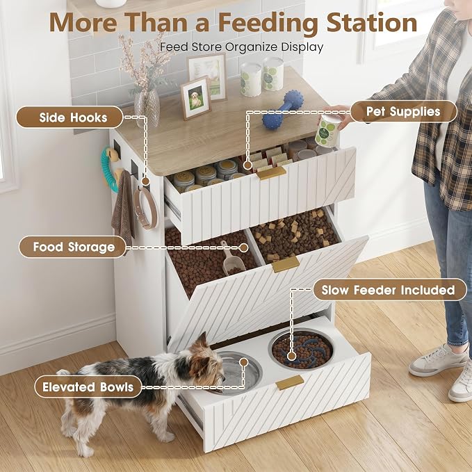 Dog Feeding Station Cabinet, Elevated Bowls with Slow Feeder Insert, White | Slow Feeder Insert, Large food bin, Removable Divider, 3 Side Hooks, Pull-Out Drawer, Easy to Clean for Small & Middle Dogs