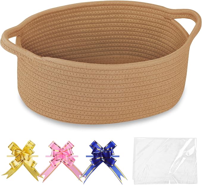 COMSE Empty Small Gift Basket with Bag & Ribbons, Camel | Cotton Rope, 12"x 8"x 5", Baby Toy Organizer, Stores Small Items for Bedrooms, Nurseries, Bathrooms, Living Rooms, Offices