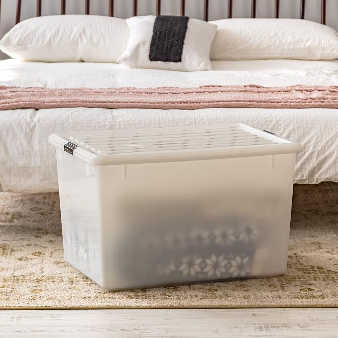 IRIS USA 3-Pack 144 Qt Stackable Storage Bins with Lids, Pearl | High-capacity opaque design is ideal for blankets, comforters and seasonal décor, Stackable and nestable