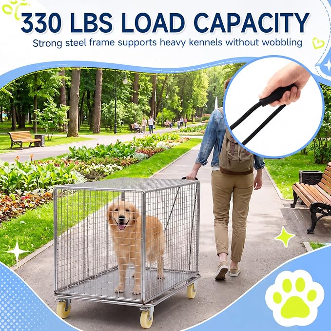 DaisyInner 42" x 24" Chrome Dog Cage Cart with Wheels Heavy Duty Kennel Trolley 330 Lbs Capacity with Removable Pull Rope and Handle Locking Casters for Vet Clinic, Grooming, Shelter
