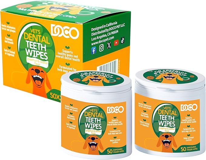 DOCO Pet Dog Teeth Cleaning Wipes – Deodorizing Finger Wipes for Dogs & Cats | Helps Reduce Plaque & Tartar Buildup, Supports Fresh Breath, No Rinse (Grapefruit, 50 Count)