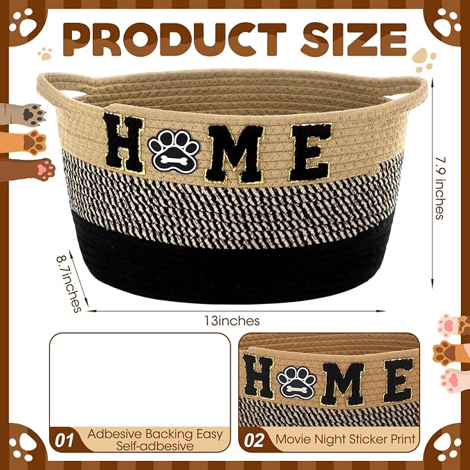 Dog Toy Storage Basket - Large Woven Rope Organizer Bin with Home Paw Patch, 13'' x 8.7'' Decorative Pet Bin Box for Living Room, Cotton Rope Basket for Dog Toys Blankets Accessories