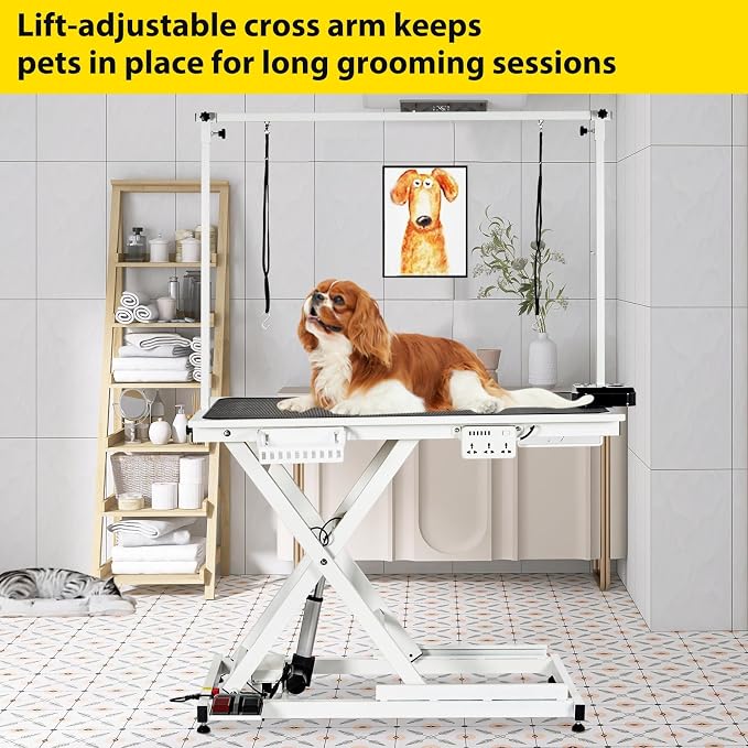 50" Electric Dog Grooming Table for Home, Heavy Duty Height Adjustable Pet Wash Station with Arm, Portable Non-Slip Tabletop, Tool Organizer & USB Outlet, Supports 300lbs for All Pets