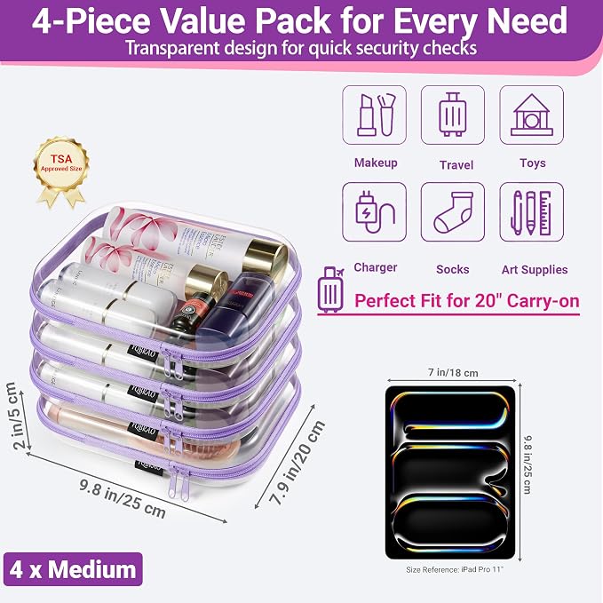 YQBRAO Clear Hard Shell Zipper Cases, 4 Medium Makeup Organizers, Purple | Rigid 1.2 mm PET and YKK dual zippers for skincare, toiletries, chargers, notebooks and daily essentials