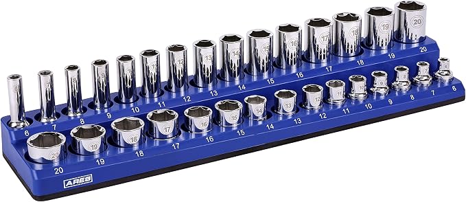 ARES 60008 30-Pc 3/8-In Blue/Black Metric Magnetic Socket Organizer | Part No. 60008; Inch drive Sizes: 6mm, 7mm, 8mm, 9mm, 10mm, 11mm, 12mm, 13mm, 14mm, 15mm, 16mm
