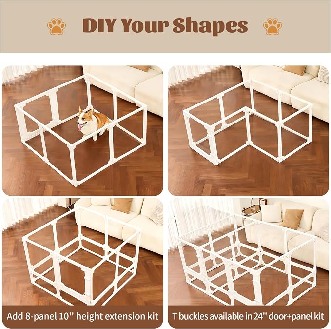 Dog Playpen, Expandable & Stackable Acrylic Dog Play Pen, FlexiSpace Adjustable Clear Dog Enclosure Indoors, Transparent Dog Fence for Dogs Cats Rabbits Small Animals (White, 24", 8 Panels)