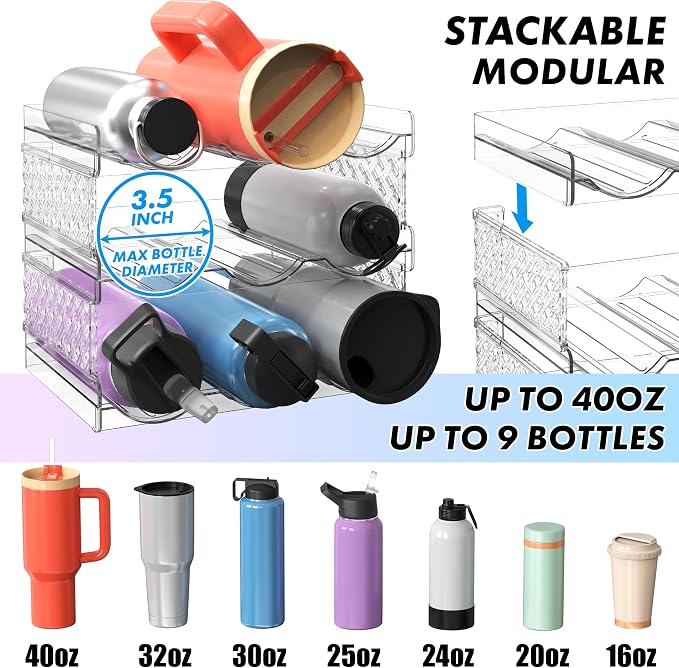 Simple Houseware Water Bottle Storage Organizer (Fits Stanley 40 oz) | 3-Tier, Stackable, Clear, Space Saving Bottle Holder for Kitchen, Pantry, and Refrigerator
