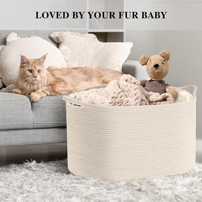 Maliton Woven Rope Blanket Basket Living Room, Storage Basket for Toy, 90L | 22"x14" Cotton Rope Basket. Holds Blankets, Toys & Towels & Laundry. For Bedroom, Nursery, Bath & Playroom. Soft & Durable