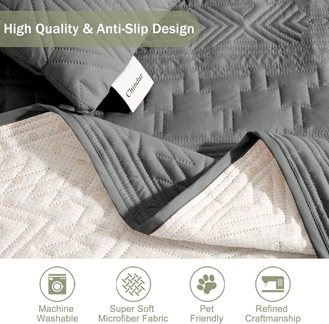 Boho Quilted Pet-Friendly Couch Covers with Pockets, Anti-Slip Aztec Couch Covers for 3 Cushion Couch Sofa, Gray Couch Cover for Dogs Water-Repellent Machine Washable (Large Sofa 68", Gray)