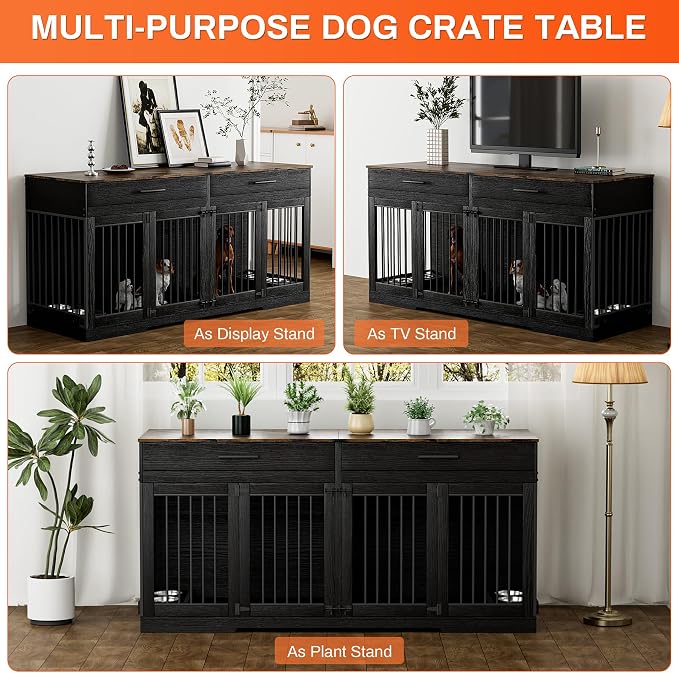 Rophefx 72" Double Dog Crate Furniture with Drawers and Divider, Black | Wooden dog kennel for 2 medium dogs with 2 drawers, removable divider, 4 bowls and TV stand top
