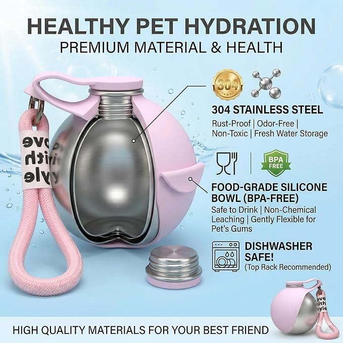 Ball-Shaped Dog Water Bottle, Stainless Steel Portable Pet Waterer with Food-Grade Foldable Silicone Bowl, Leak-Proof & Lightweight Puppy Drinking Flask for Walking, Hiking (A)