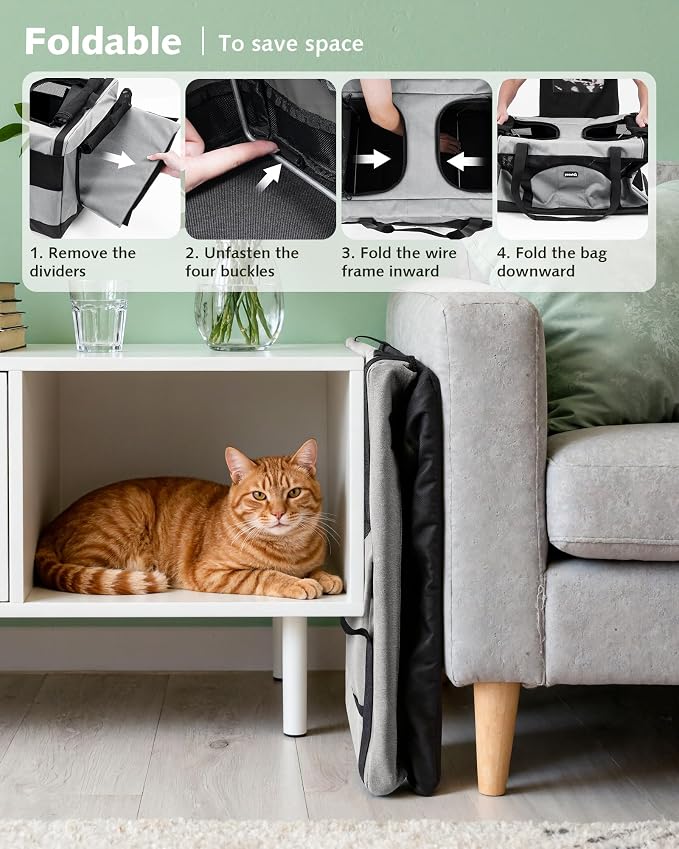 Pecute Large Cat Carrier, Soft Double Pet Crate for 2 Cats Travel, Gray | Anti-Collapse Steel Frame, Convertible Dual Space, Foldable, Polyester Breathable mesh, Up to 26 lbs, Car Travel & Vet Visits