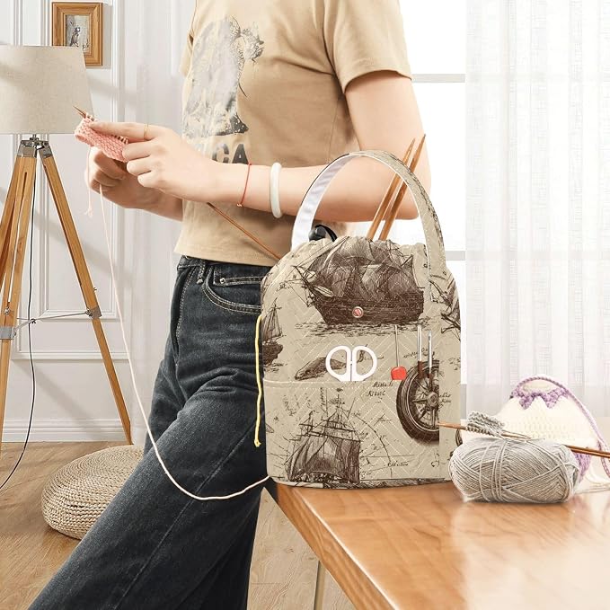 Tatenale Crochet Bag Yarn Bag Knitting Project Bag with Pockets and Handle Portable Yarn Storage Organizer Tangle Free 8.3x11 InchVintage Brown Sailing Ships Starfish Anchor31