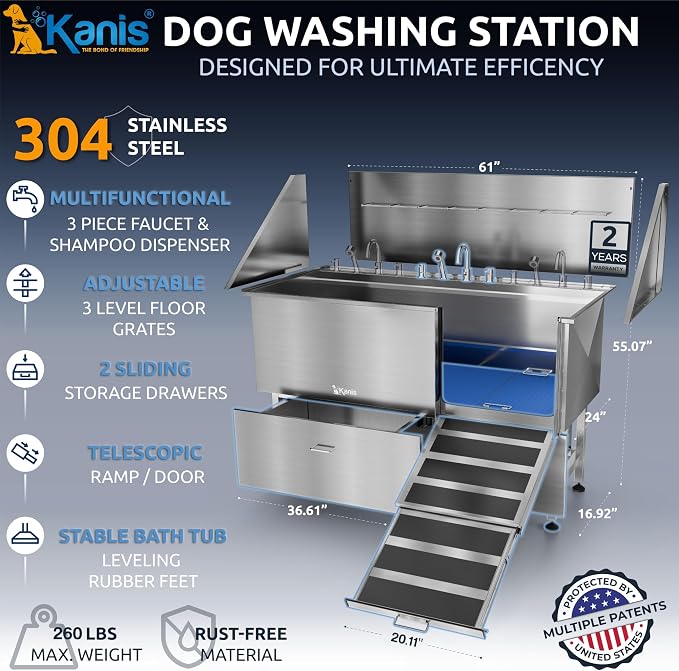Professional Dog Washing Station 304 Stainless Steel Pet Wash Sink | Grooming Bathtub w/Shower, Floor Grates and Storage for Large, Medium & Small Pets
