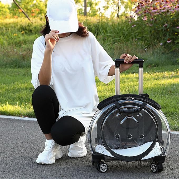 Pet Trolley Case with Ventilation Holes, Pet Carrier,Rolling Carrier,Clear Window Trolley Case,Strollers for Small Dogs,Cat Carrier with Silent Wheels Telescopic for Travel Black
