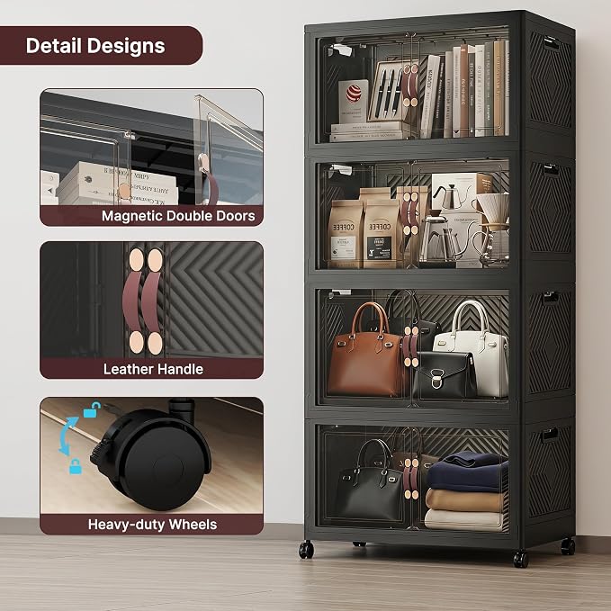 Stackable Storage Bins with Lids, 440QT Lockable Storage Cabinet | Closet Organizers, Foldable Storage Box with Doors and Wheels, Plastic Drawers for Home, Garage, Office (4, Black, Plus)