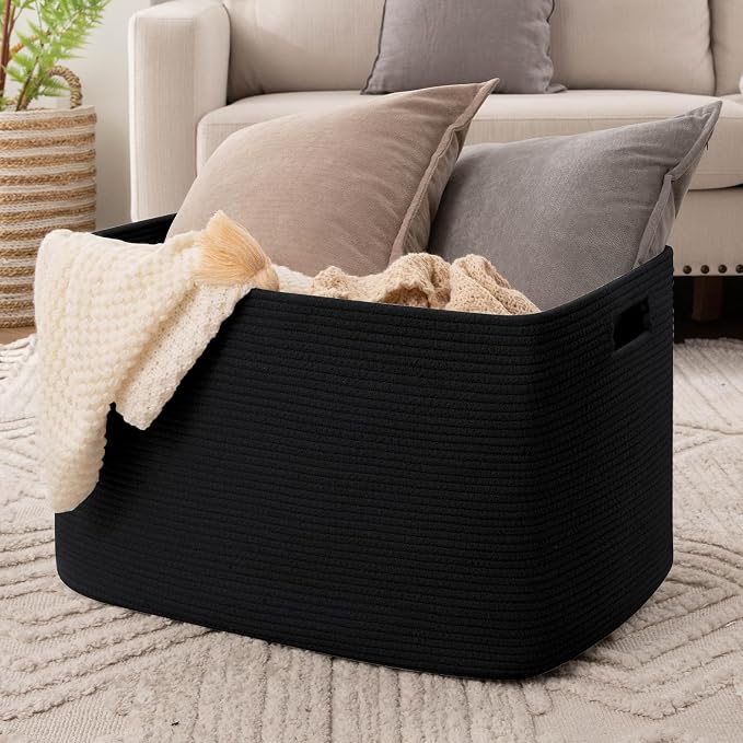 OIAHOMY 118L XXXLarge Rope Storage Basket, Oversized Blanket Basket Black | 25" x 17" x 16" Used for Organizing Dirty Clothes in Living Room, Bedroom, Nursery, Extra Large Basket,Dog Toy Storage Bins