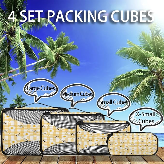 Honeybee Bee Packing Cubes for Travel, Luggage Packing Organizers, Bees Daisies Honey Travel Accessories Large Toiletries Bag for Clothes Shoes Cosmetics Toiletries