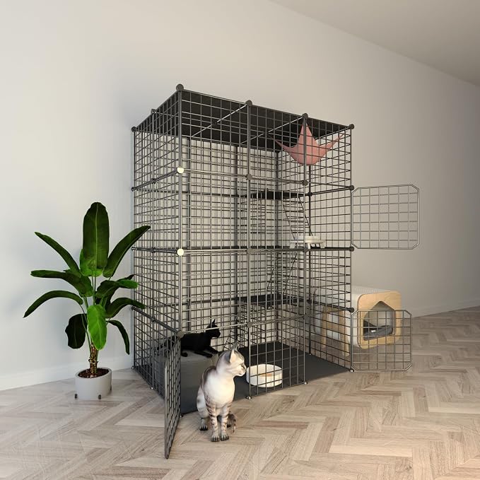 Indoor Cat Cage Enclosure DIY,Cat Playpen Catio Thick Metal Wire Kennels for 1-3 Cats Kitten Cage Detachable Patio Cat Crate （Only Cage）