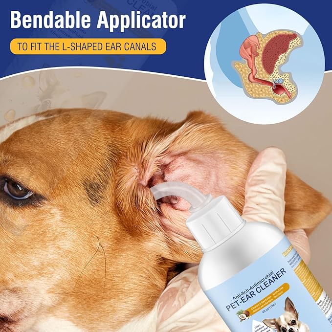 Ear Cleaner for Dogs and Cats 4 oz, Gentle and Non Irritating Dogs Ear Infection Treatment, Itch Relief Pet Ear Drops,Dog Ear Wash Removes Wax, Odor with 10 Cotton Swabs