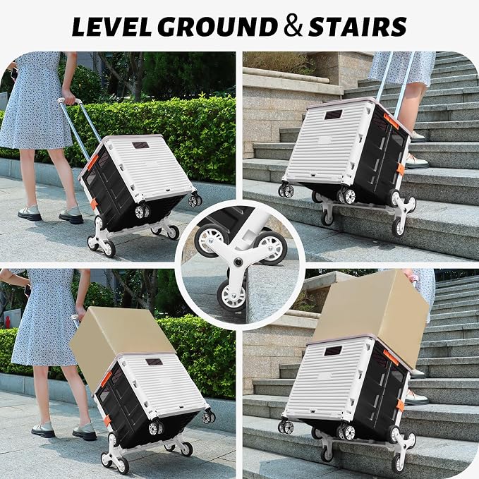FELICON SELORSS Folding Utility Climber Cart Portable Rolling Crate-White | Stair Climbing Wheels+360°Swivel Wheels,Telescoping Handle,Plastic Box Dolly for Travel Shop Move Laundry Office Teacher Use