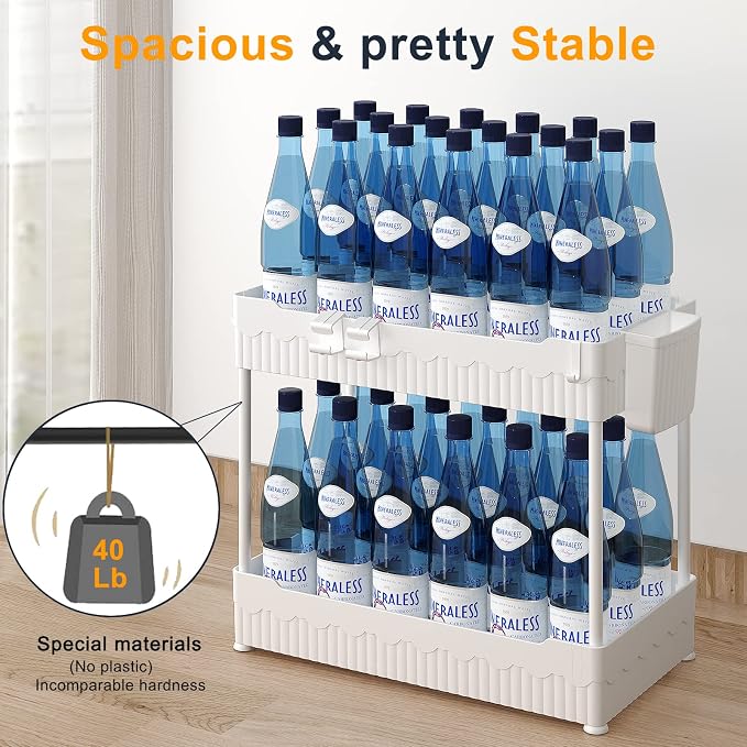 2-Pack Under Sink Organizer with Hooks & Hanging Cup for Kitchen | Multi-use kitchen & bathroom storage, 12.8 inch white cabinet organizer, with hooks and hanging cup for easy access.