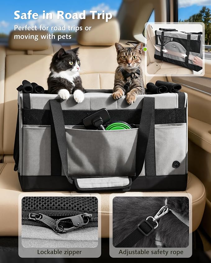 Pecute Large Cat Carrier, Soft Double Pet Crate for 2 Cats Travel, Gray | Anti-Collapse Steel Frame, Convertible Dual Space, Foldable, Polyester Breathable mesh, Up to 26 lbs, Car Travel & Vet Visits