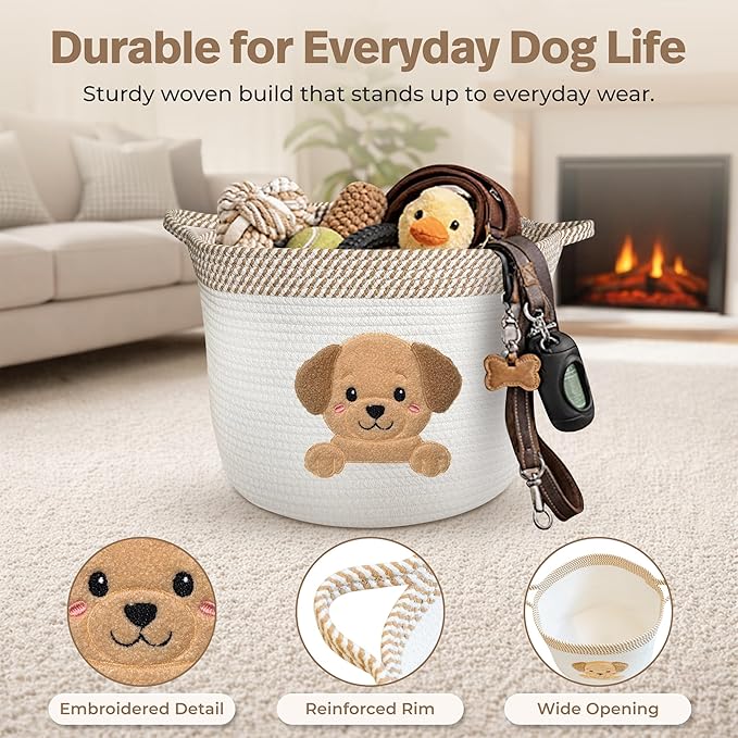 Golden Retriever and Lab Dog Toy Basket, Cotton Rope Storage Bin, 15x11 in | Pet Toy Storage, Blanket and Leash Organizer, Soft Felt Puppy Patch, Dog Mom Gift, Living Room and Crate Side Bin, Spot Clean
