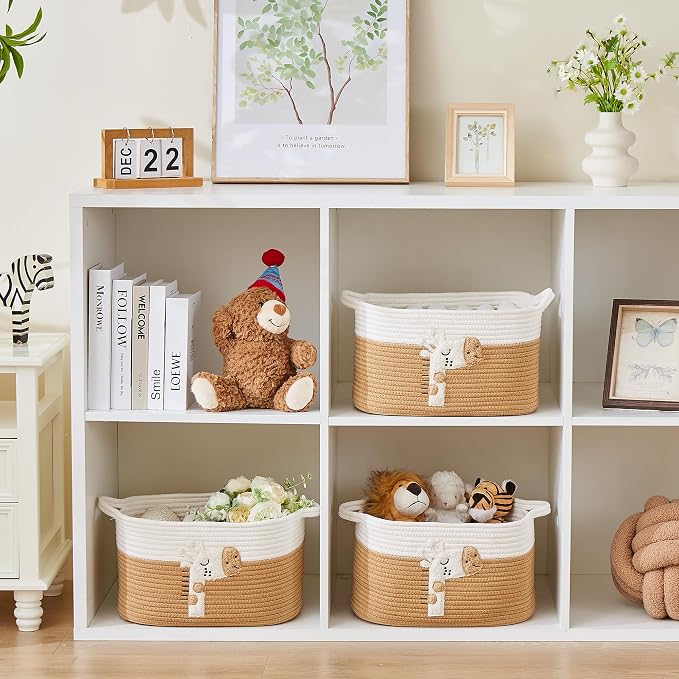 Storage Basket, Woven Baskets for Shelves, Giraffe | 3 Pack Boho Cotton Rope Storage Baskets, 14" x 9" x 8", Home Organizer for Nursery, Holds Toys, Books & Towels