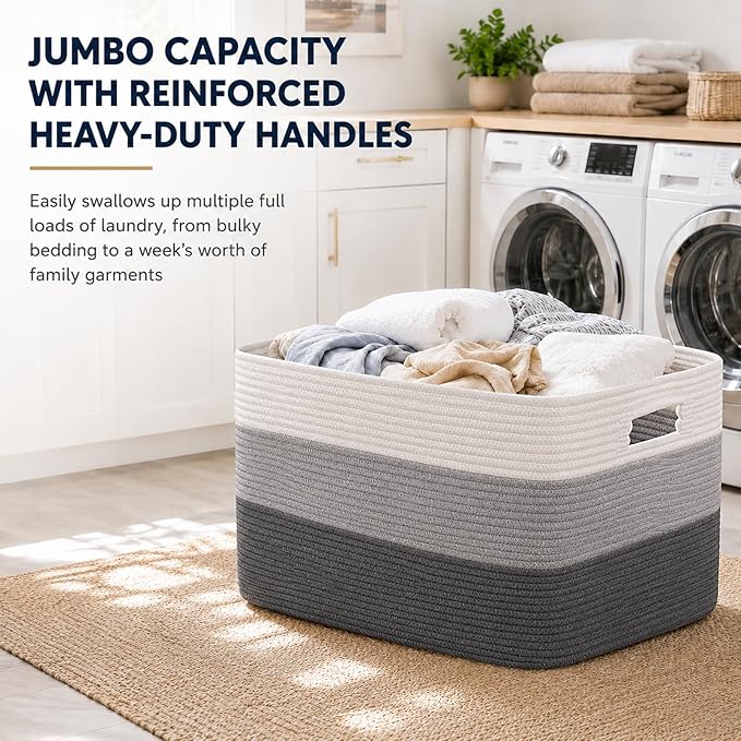 OIAHOMY Blanket Basket Laundry Basket Dog Toy Basket 75L Dark Grey | Large Storage Basket,Baby Basket,Toy Storage,Woven Rope Basket for Blankets,Blanket Storage for Living Room