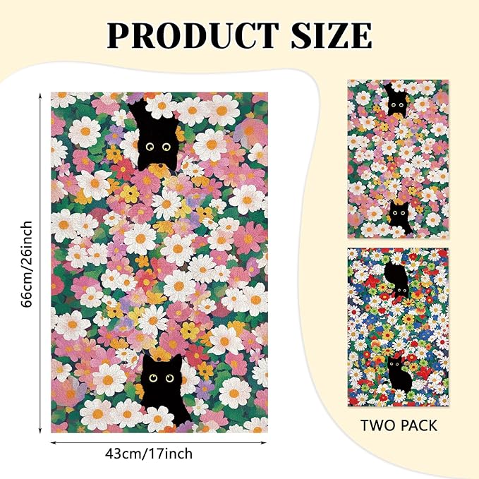 Black Cat Floral Kitchen Towels Set of 2, Cute Cat Dish Towels for Kitchen Drying, Soft Absorbent Microfiber Dish Towels, Spring Cats Kitchen Dish Towels for Cooking, Home, Housewarming Gifts