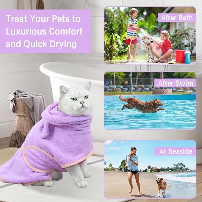 Pet Bathrobe for Dog Cat Absorbently Quick Drying Coat Cute Dogs Bath Towel Hooded Robe Adjustable Collar & Belly Strap for Pool Beach (Purple, Medium)