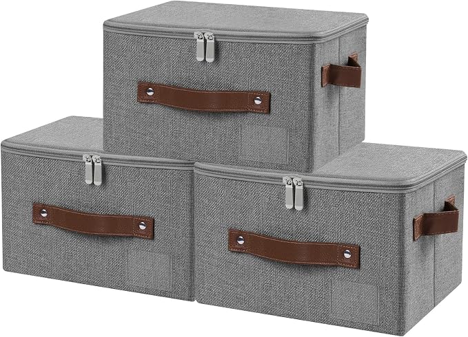 ANMINY Small Storage Box Fabric Bins with Zipper Lid, 10"x8"x7" Gray 3PCS | Keepsake Box, Decorative, Cotton Linen, Reinforced PP Board Frame, Washable, Stackable & Foldable, Label Holder & PU Handles