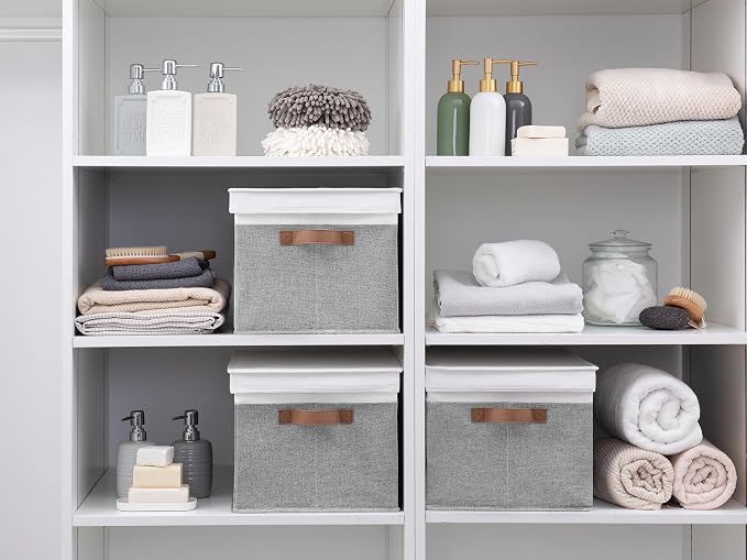 StorageWorks Fabric Storage Bins with Lids, Closet Storage Bins | Lidded Dust-proof, Easy Pull Handles, Foldable, Stackable, Ideal for Clothes Blanket Towel, Jumbo, Gray and White, 3-Pack
