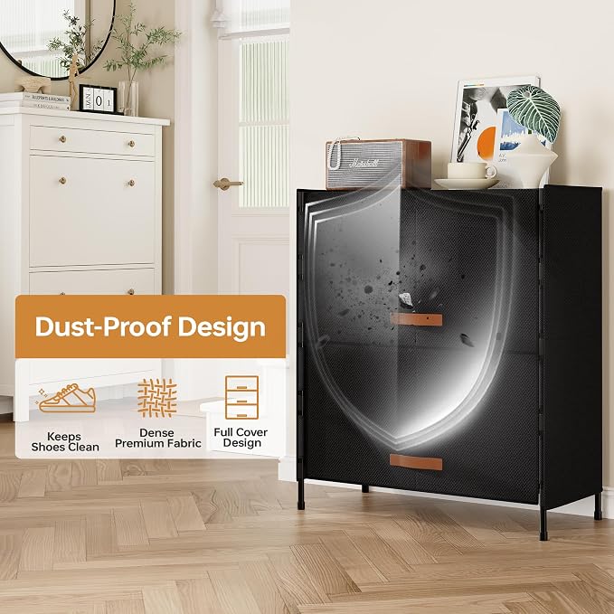 4-Tier Shoe Storage Cabinet with Fabric Cover, Hard Flip Doors, Holds 12–16 Pairs, Enclosed Dustproof Shoe Rack Organizer for Entryway, Closet & Bedroom, Shoe Shelf, Black, 27.8" x 12.0" x 31.5"