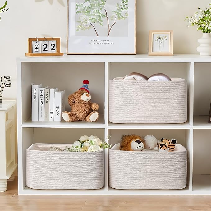 4 Pack Large Storage Basket for Organizing, 17.5"x13"x7" Woven Basket for Shelves, Closet Cube Storage Bins with Wrapped Handle, Cotton Rope Baskets for Kitchen, Clothes, Toys(Off White)
