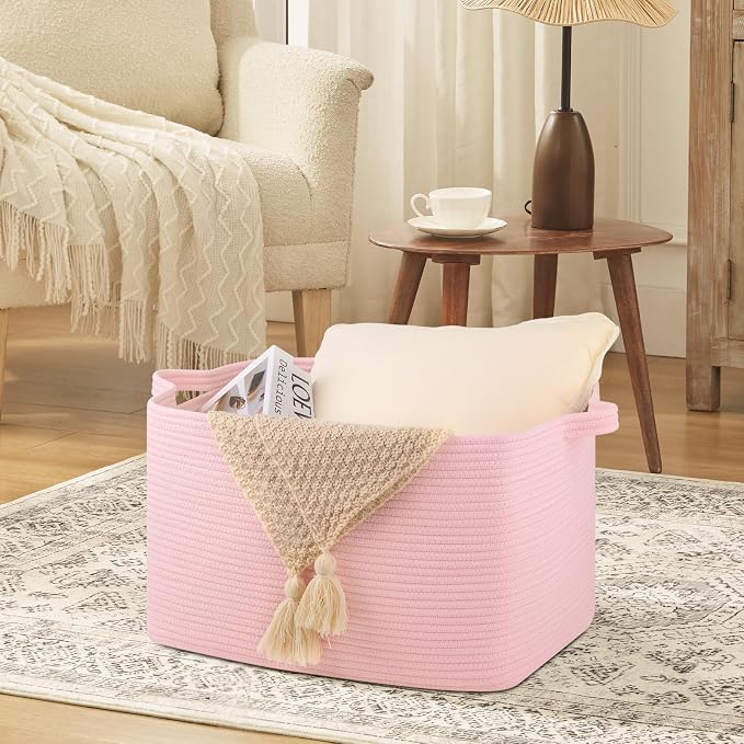 OIASKET 65L Extra Large Blanket Basket Living Room, 19.7"x15.8"x11.8" | Rectangle Woven Laundry Hamper, Nursery Blanket Storage Living Room, Toy Storage With Handle, Large Baskets for Organizing